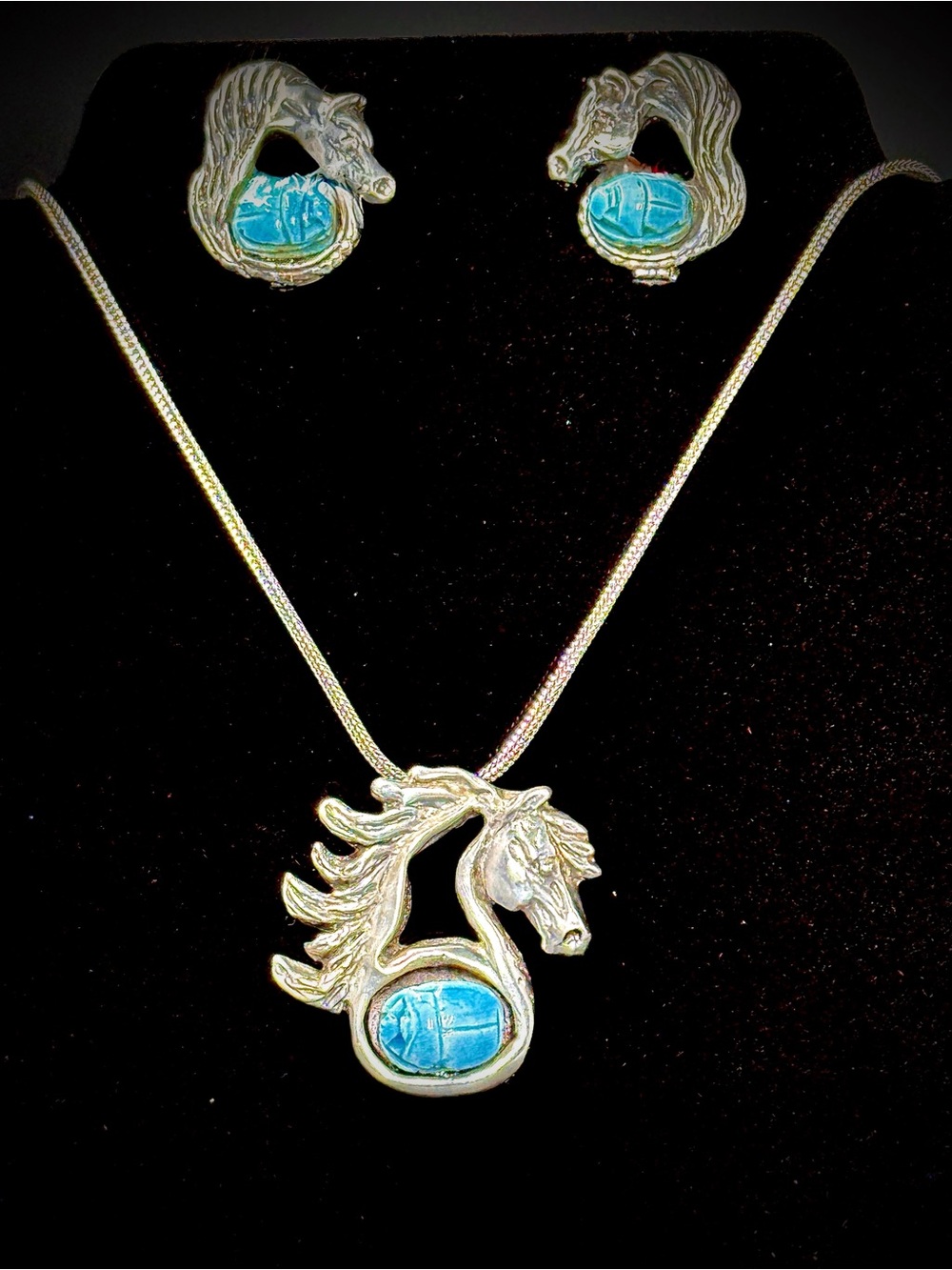 Silver Horse Necklace and Earring Set with Turquoise Accent